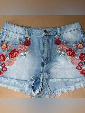 Forever 21 Light Blue Embroidered Denim Shorts